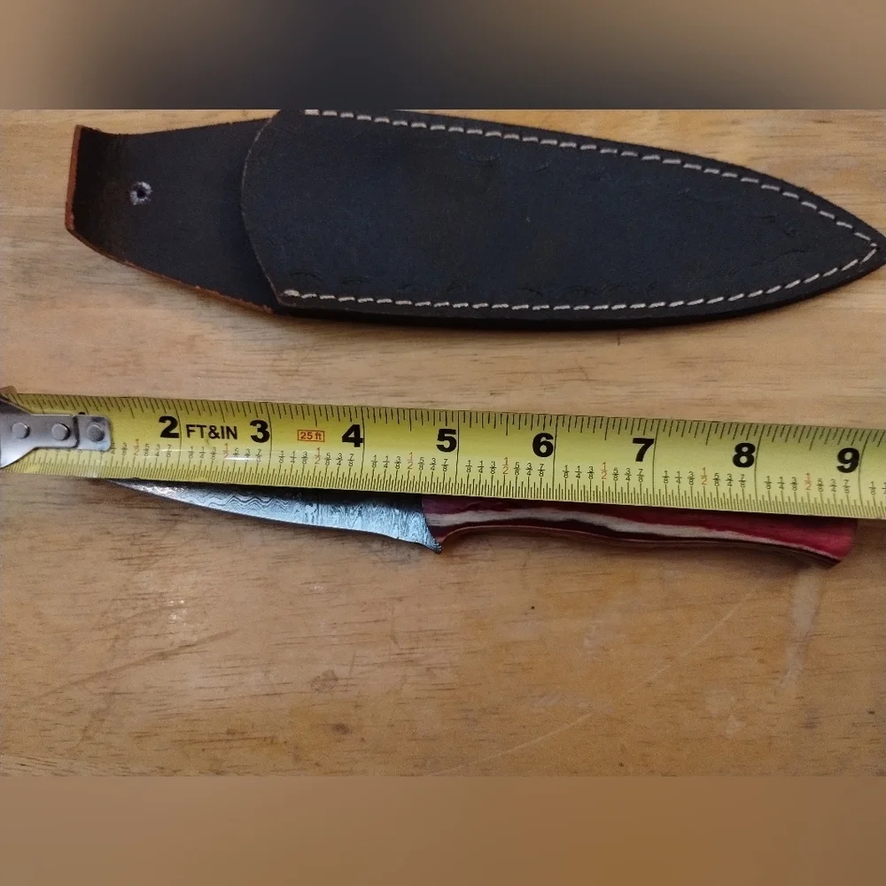 New Mens Red Damascus Steel Blade Knife Double Edged Dagger with Sheath - Picture 7 of 10